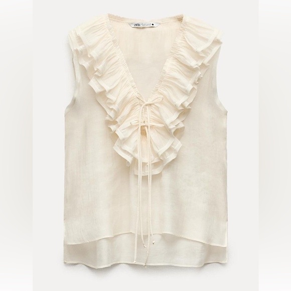 Zara Tops - ZARA | Ruffled Blouse with a v-neck tie closure Elegant Cream Ruffled Top sheer